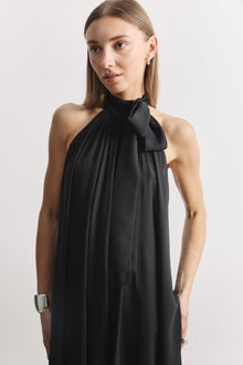 Sheer Chiffon High Neck Volume Maxi Dress - Black