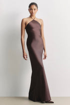 Clean Cut Satin Halterneck Gown - Carob
