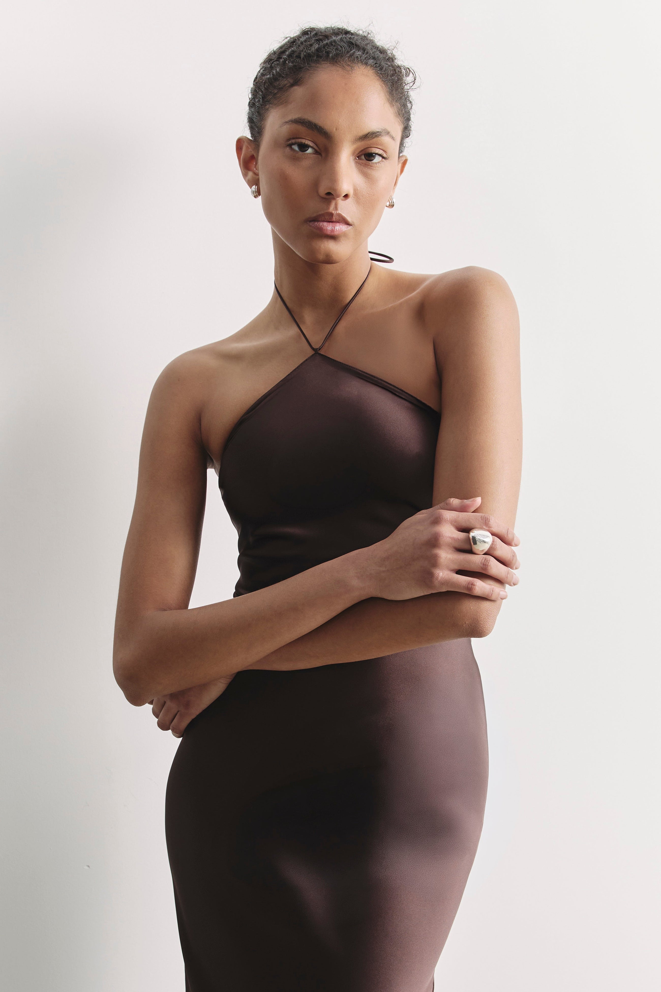 Clean Cut Satin Halterneck Gown - Carob