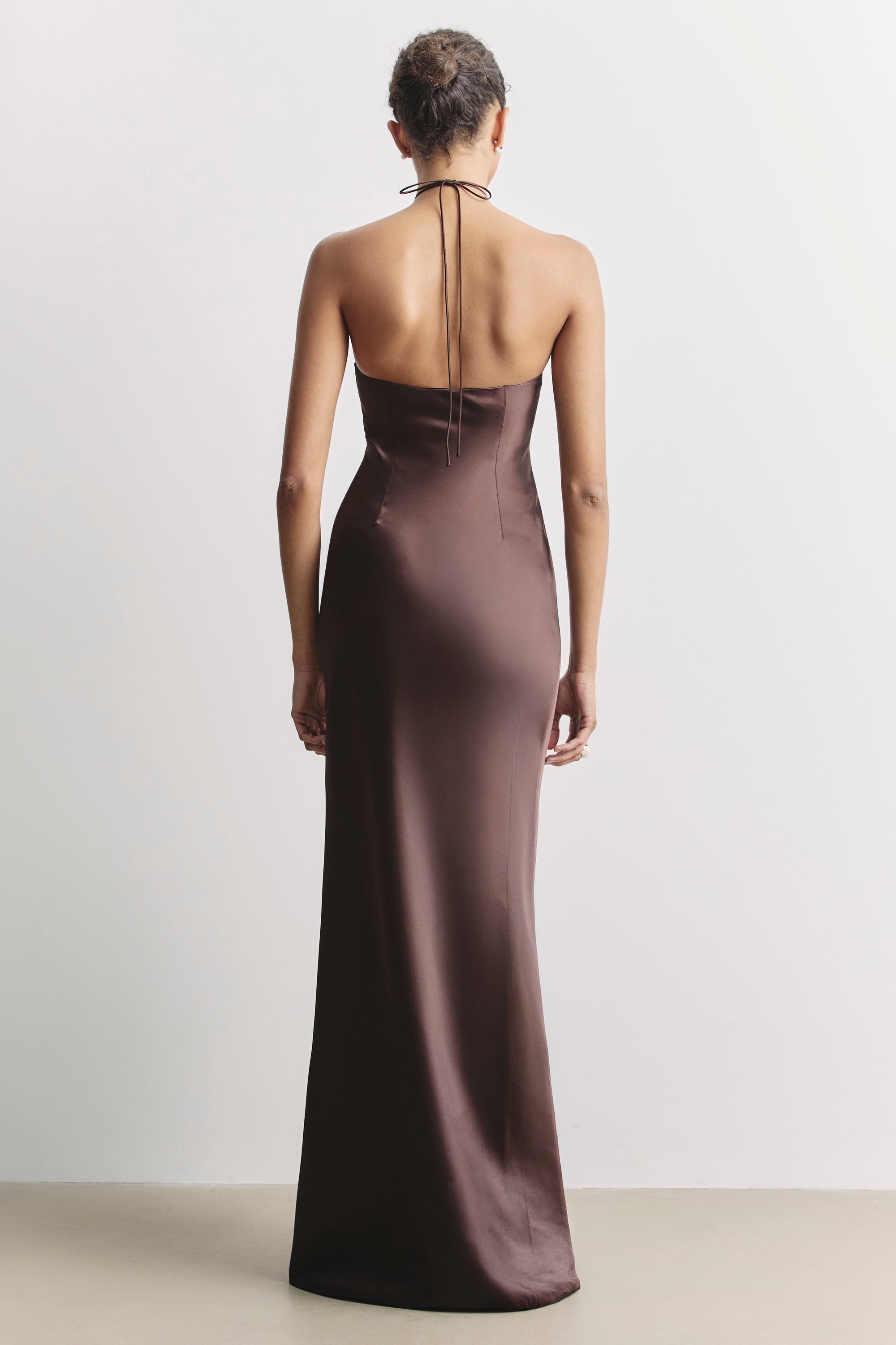 Clean Cut Satin Halterneck Gown - Carob