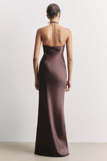 Clean Cut Satin Halterneck Gown - Carob