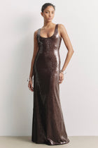 Sequin Scoop Neck Column Maxi Dress - Carob