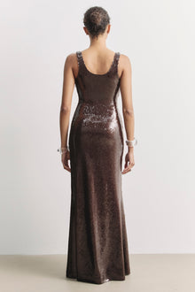 Sequin Scoop Neck Column Maxi Dress - Carob