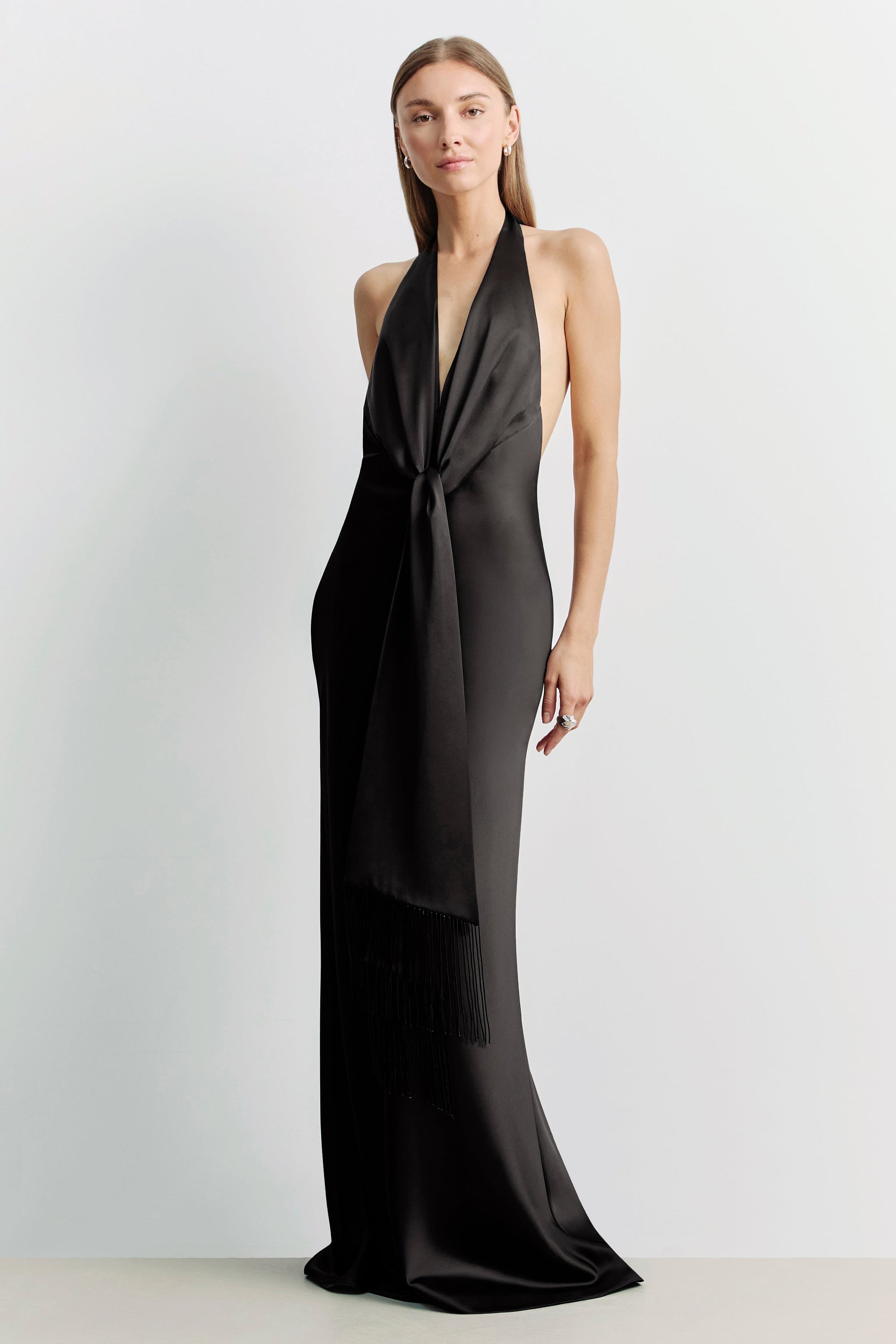 Plunging Knot Detail Gown with Fringing - Black
