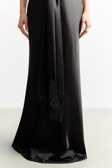 Plunging Knot Detail Gown with Fringing - Black