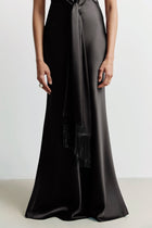 Plunging Knot Detail Gown with Fringing - Black