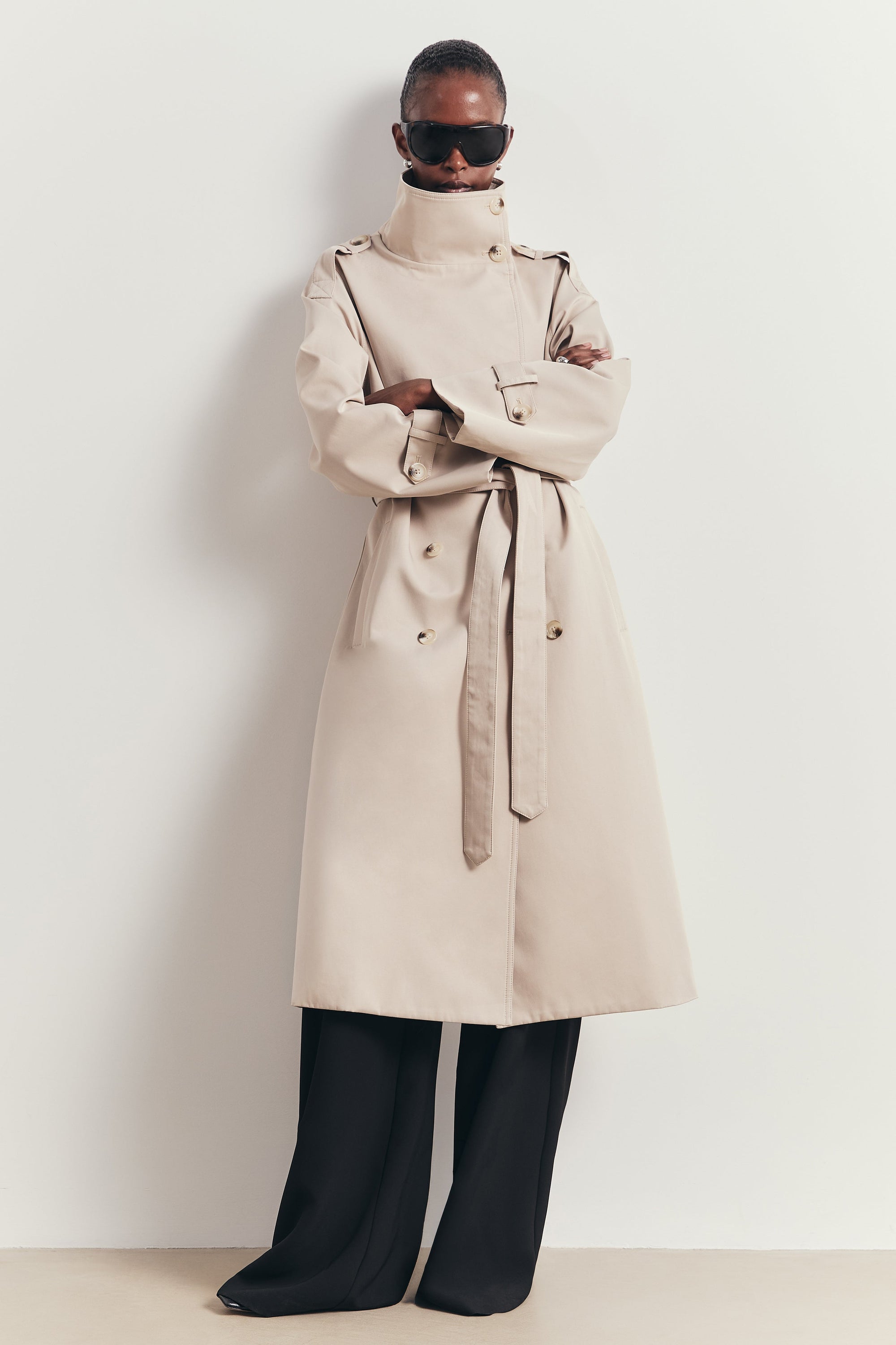 Vintage Funnel Neck Trench Coat - Stone