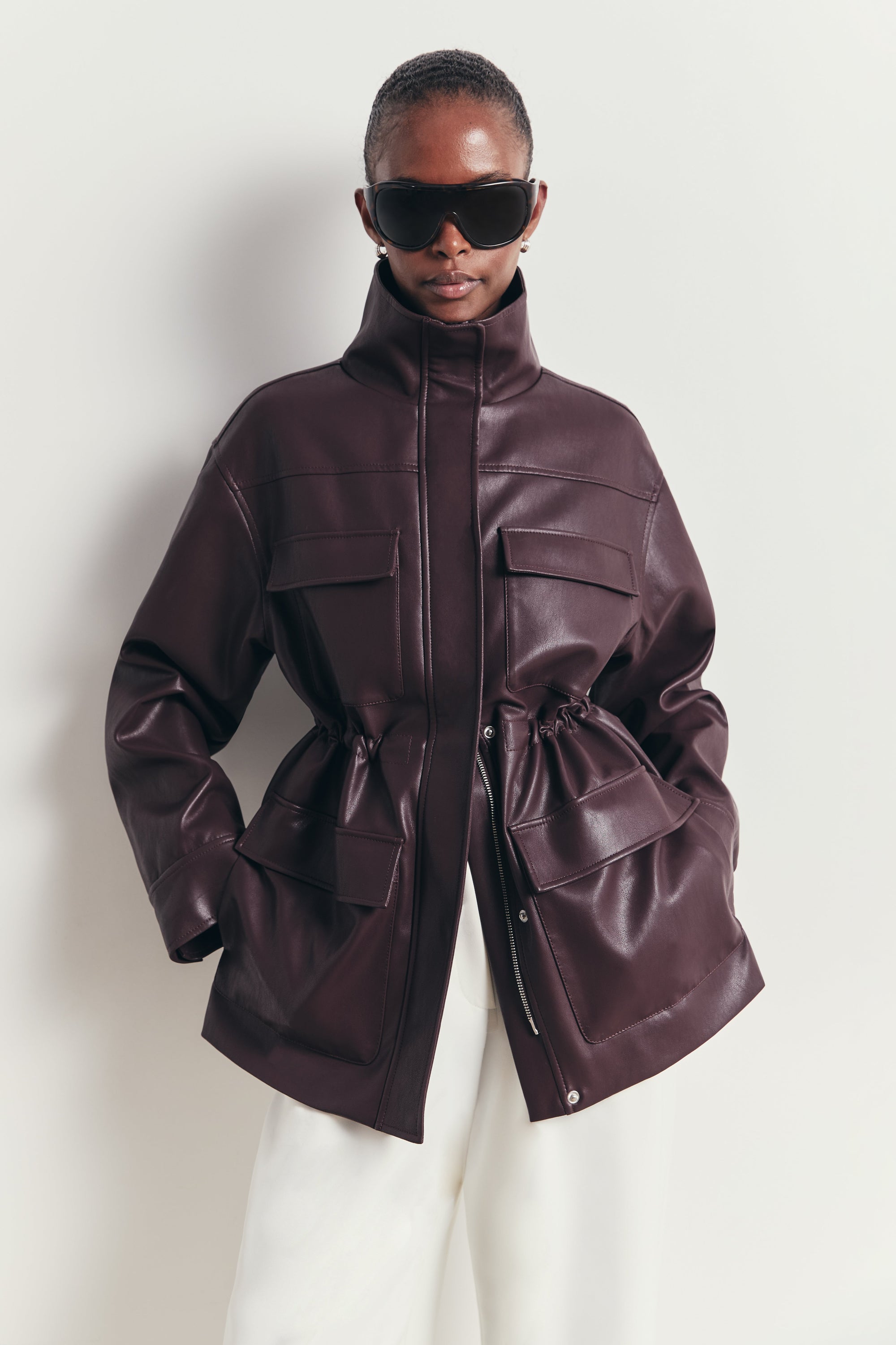 Leather Cargo Utility Jacket - Oxblood