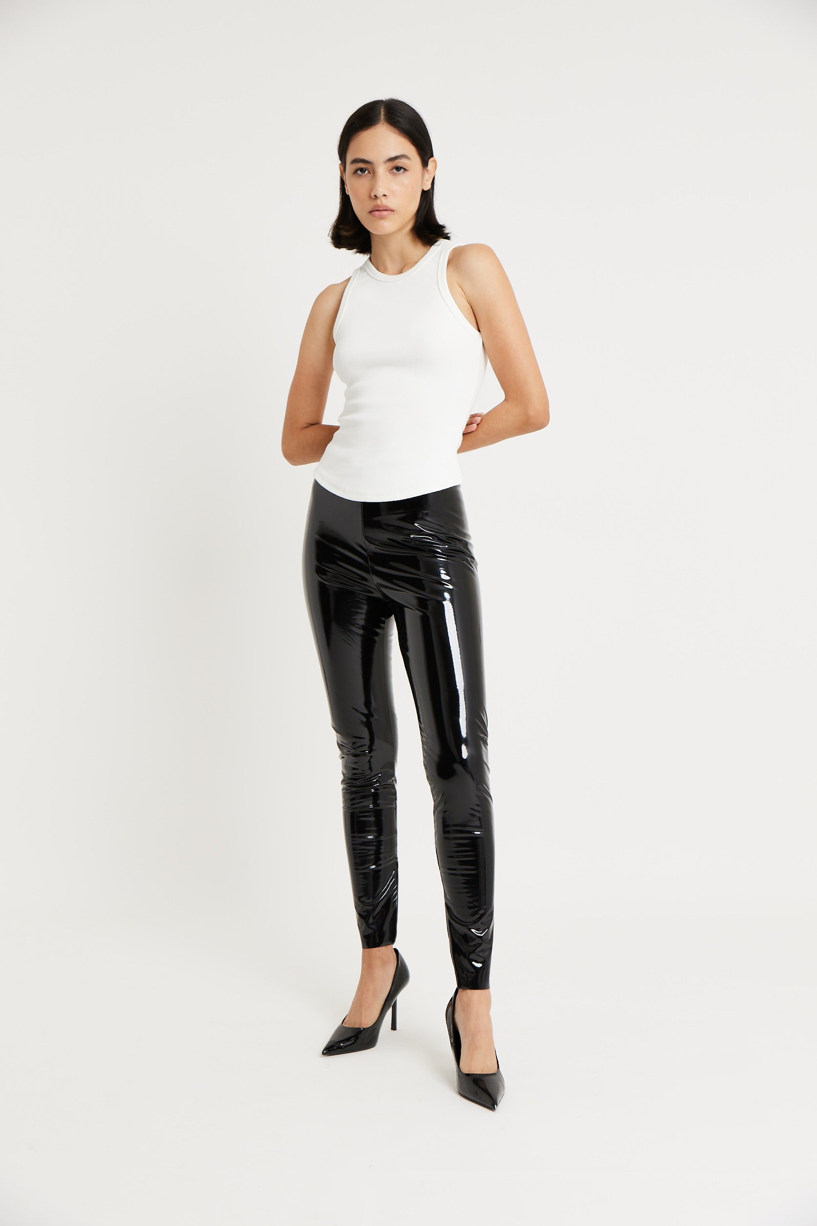 High Waisted Vinyl Leggings - Black