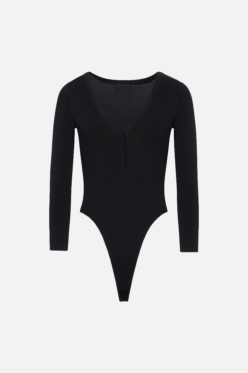 Fine Knit Henley Bodysuit - Black